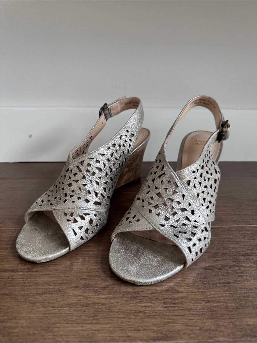 Johnston & Murphy Metallic Leather Laser-Cut Cork Wedge Sandals